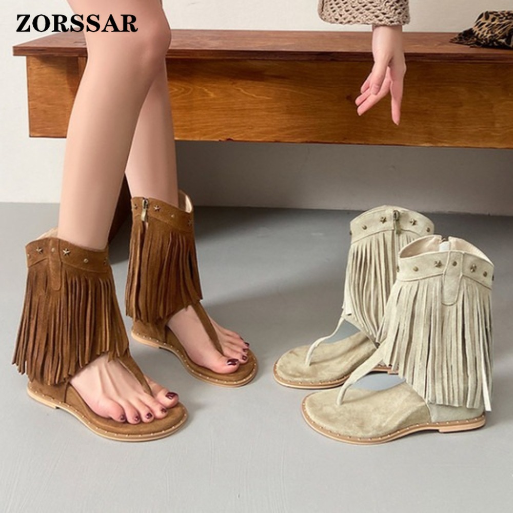 Women'S Fashion Boots - Sandálias de Plataforma com Franjas e