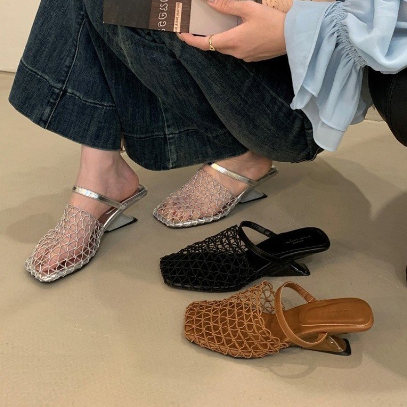 Women'S Fashion Trends Summer 2025 - Tecer malha feminina sandálias de salto
