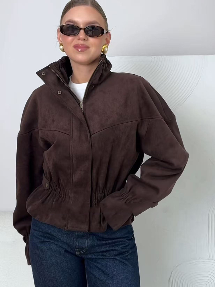 Women'S Fashion Utility Jacket - Jaqueta bomber feminina em camurça sintética,