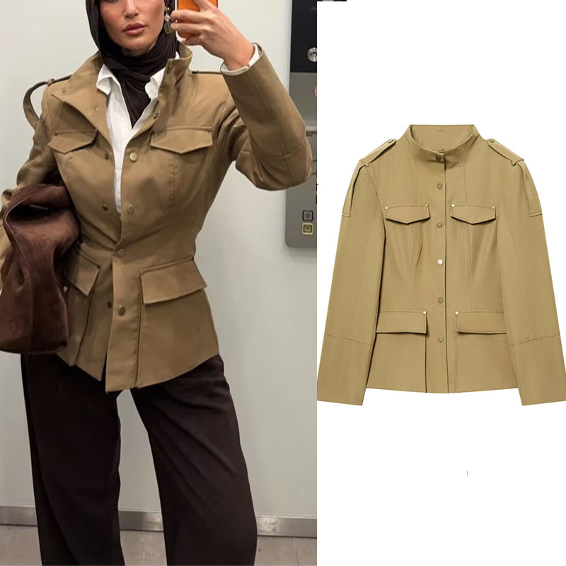 Women'S Fashion Utility Jacket - Jaqueta Utilitária Estilo Militar Feminina Khaki